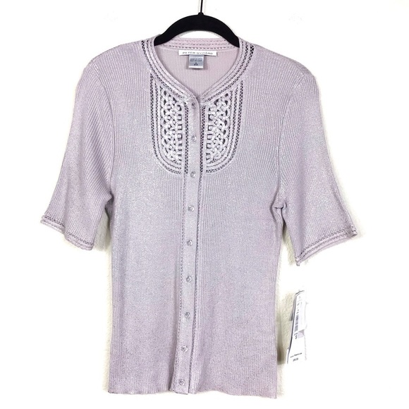 NWT Peter Nygard Metallic Button-Front Knit Top S - Picture 2 of 7